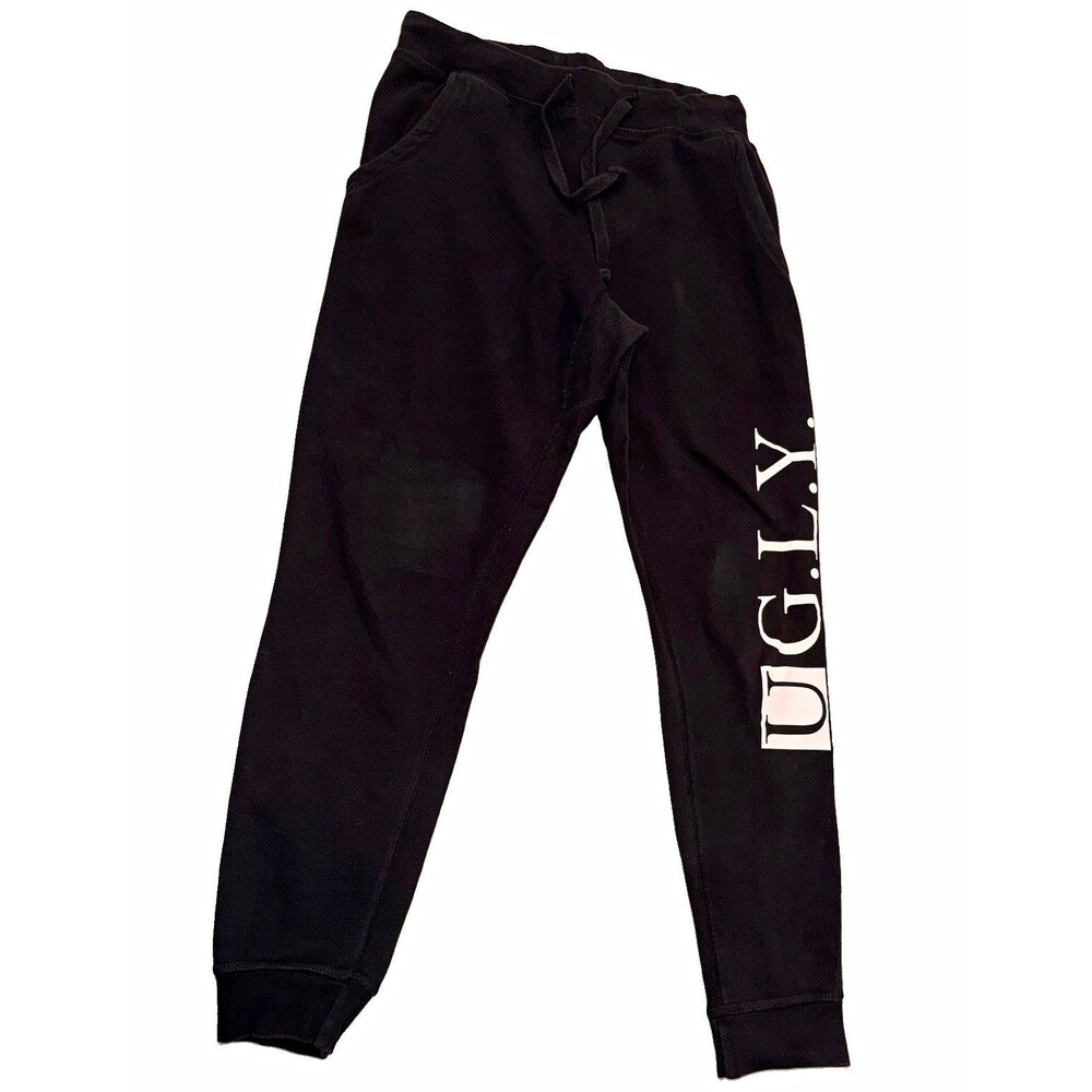 U.G.L.Y. Mens Black M Cotton Jogger Pants Drawstring Elastic Waist Pockets Logo
